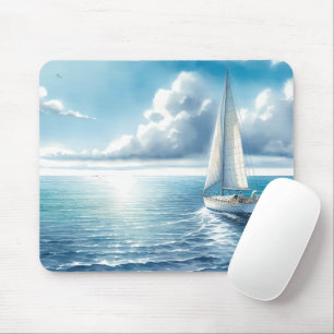 Blue Horizon Solitary Sailboat Mouse Pad