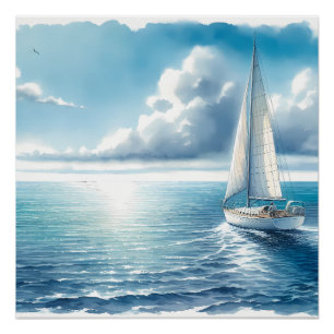 Blue Horizon Solitary Sailboat Poster