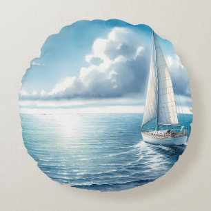 Blue Horizon Solitary Sailboat Round Pillow