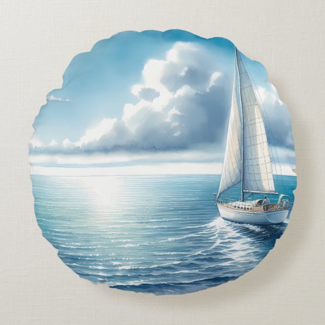 Blue Horizon Solitary Sailboat Round Pillow (Front)
