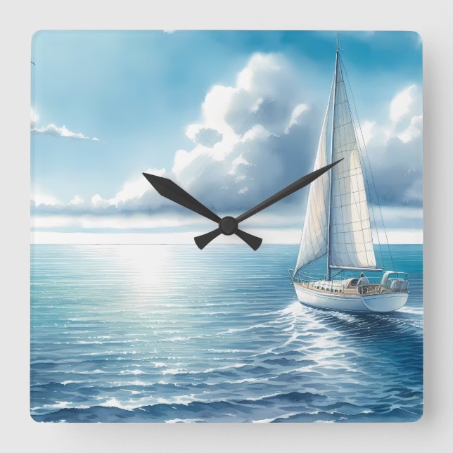 Blue Horizon Solitary Sailboat Square Wall Clock (Front)