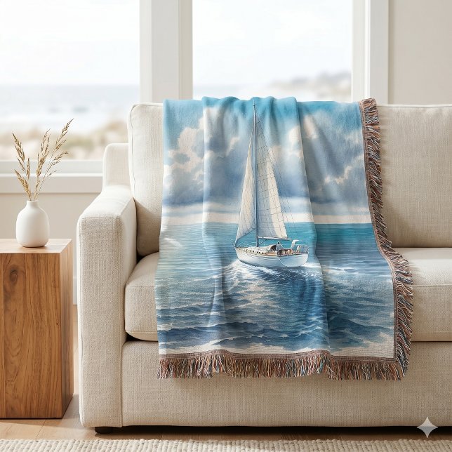 Blue Horizon Solitary Sailboat Throw Blanket (Blue Horizon Solitary Sailboat Throw Blanket)