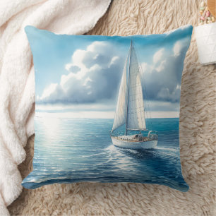 Blue Horizon Solitary Sailboat Throw Pillow