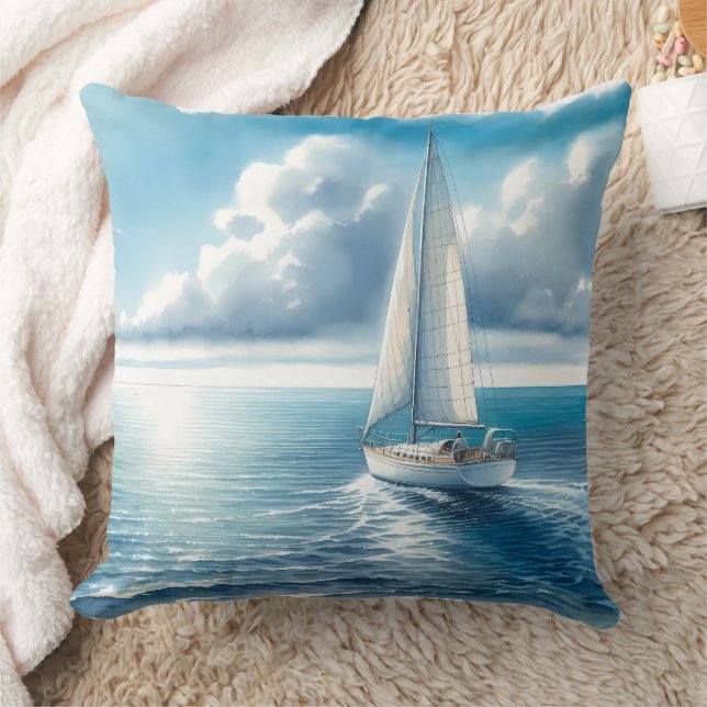 Blue Horizon Solitary Sailboat Throw Pillow (Blanket)