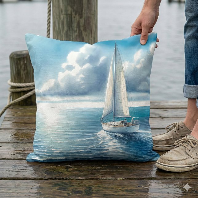 Blue Horizon Solitary Sailboat Throw Pillow (Blue Horizon Solitary Sailboat Throw Pillow Mockup A)