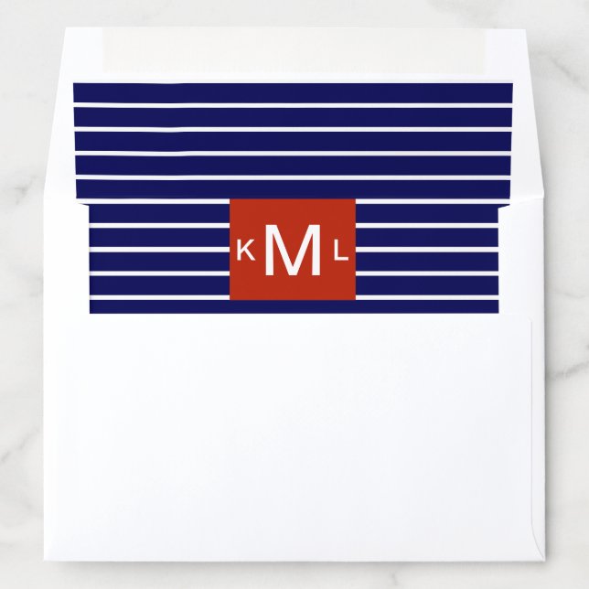 Blue Horizontal Stripes Red Monogram Template Envelope Liner (In Envelope)