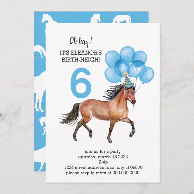 Blue Horse Birthday //Oh Hay It's Your Birth-neigh Invitation (Front/Back)