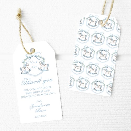 Blue horse crest French baby boy shower thank you Gift Tags