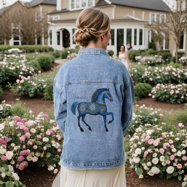 Blue Horse Floral Folk Art Personalized Denim Jacket (Wedding Back)