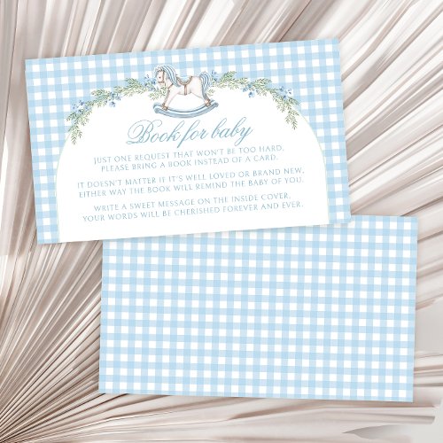 Blue horse gingham book for baby boy shower enclosure card