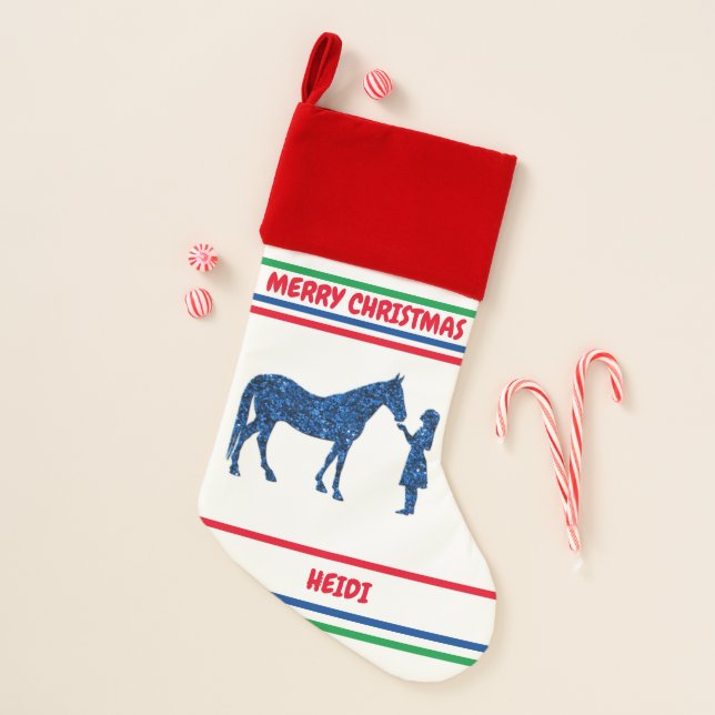 BLUE HORSE & GIRL PERSONALIZED CHRISTMAS STOCKING (Front)