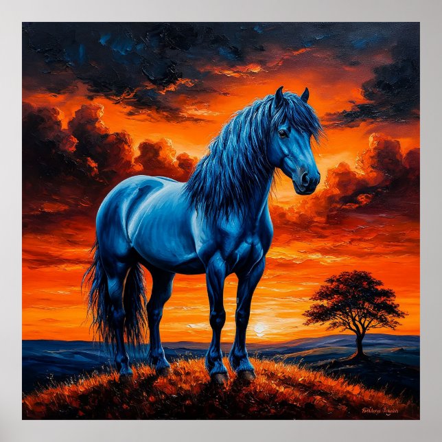 Blue Horse in a Vibrant Sunset Landscape Painting Poster (Front)