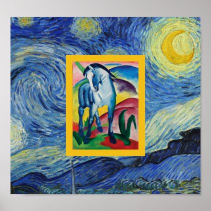 Blue Horse in the Starry Night Poster