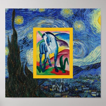 Blue Horse in the Starry Night Poster