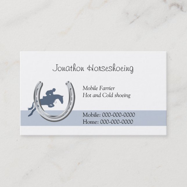 Blue horse jumping through a horseshoe business card (Front)