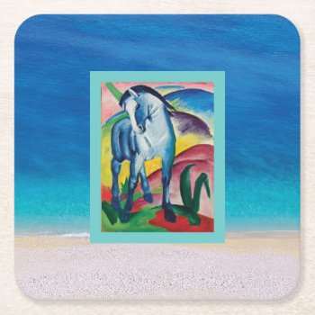 Blue Horse On The Beach Square Paper Coaster by colorfulworld at Zazzle