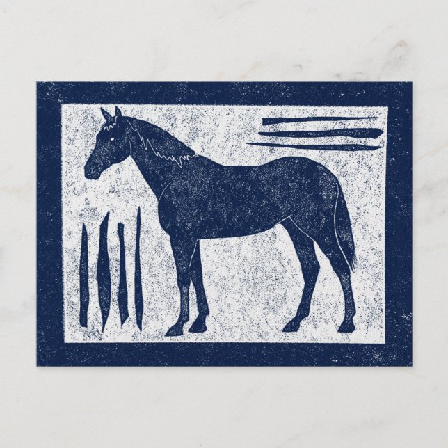 Blue Horse Postcard - Navy Blue Woodcut Style (Front)