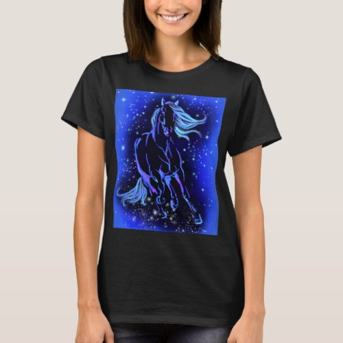 Blue Horse Running T_Shirt Gift Starry Night 