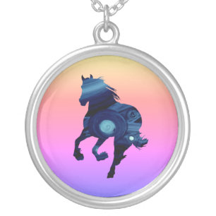 Blue Horse  Silver Plated Round Necklace