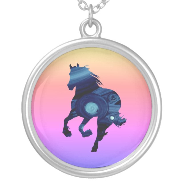 Blue Horse  Silver Plated Round Necklace (Front)