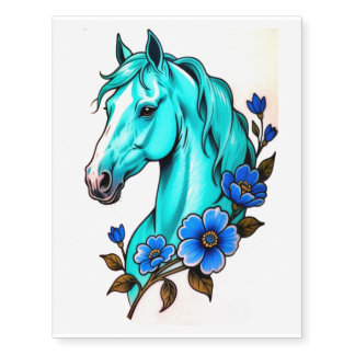 Blue Horse with Blue Flowers Temporary Tattoos