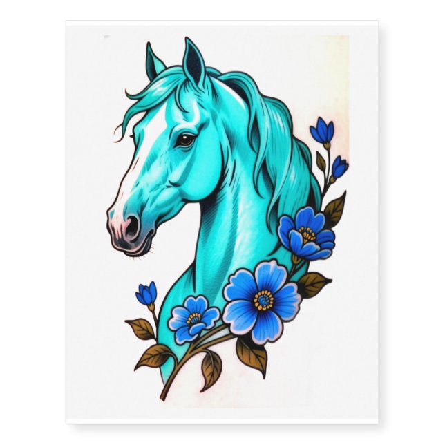 Blue Horse with Blue Flowers Temporary Tattoos (Front)