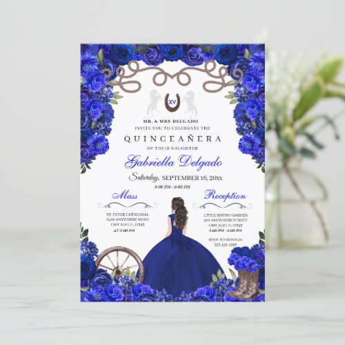 Blue Horseshoe Western Charra Floral Quinceanera Invitation