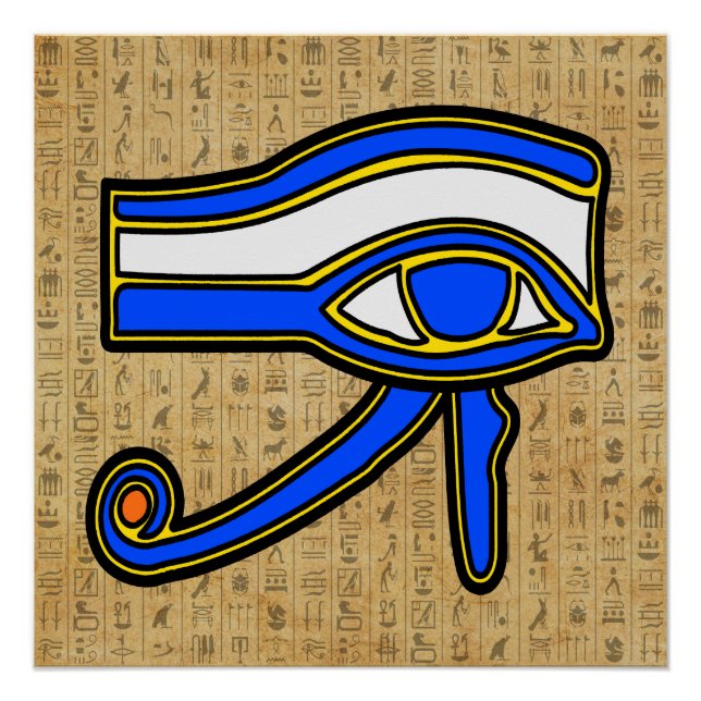 Blue Horus Eye On Hieroglyphs Poster (Front)