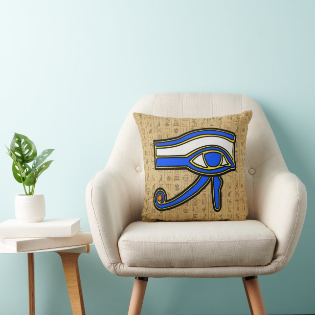 Blue Horus Eye On Hieroglyphs Throw Pillow (Chair)