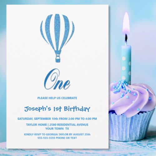 Blue Hot Air Balloon 1st Birthday Party Invitation