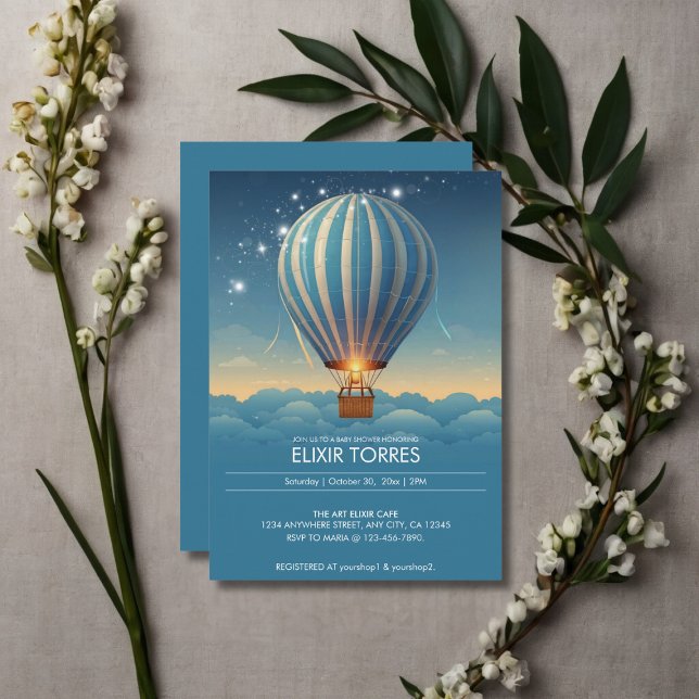 Blue Hot Air Balloon Adventure Awaits Baby Shower Invitation (Creator Uploaded)