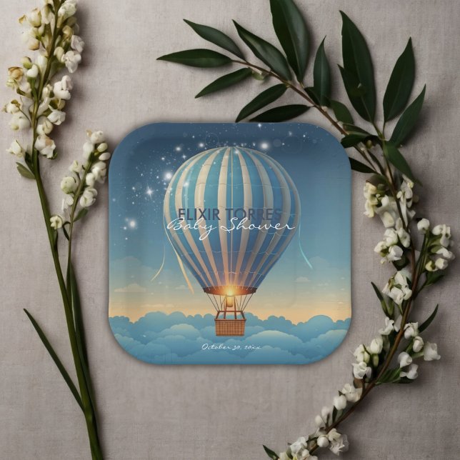 Blue Hot Air Balloon Adventure Awaits Baby Shower Paper Plates (Creator Uploaded)