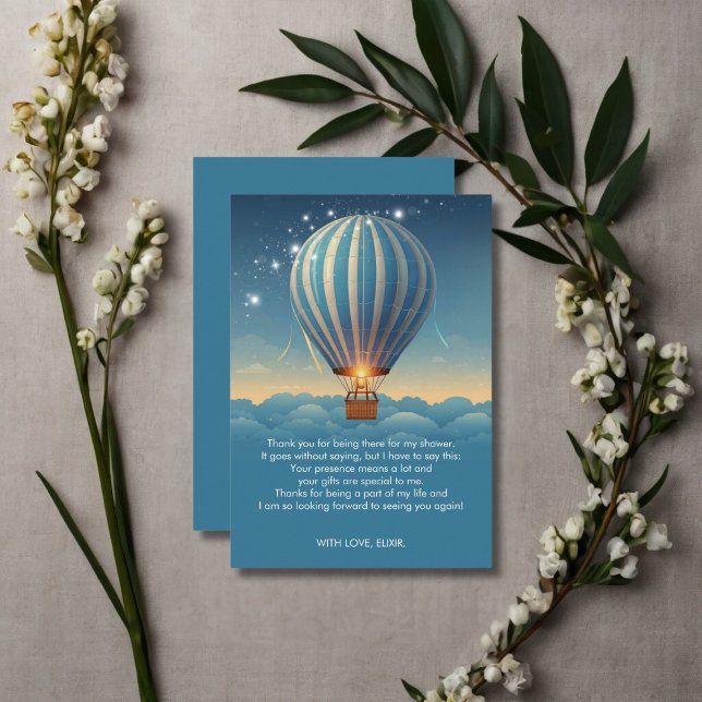 Blue Hot Air Balloon Adventure Awaits Baby Shower Thank You Card (Creator Uploaded)