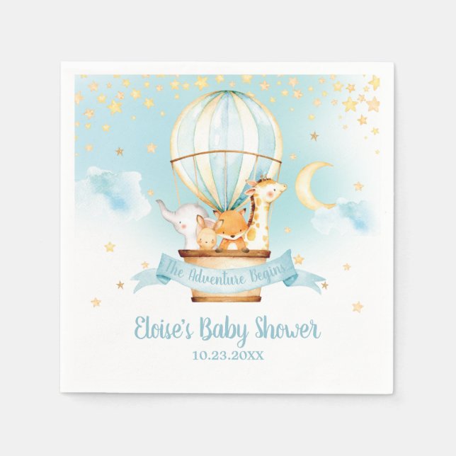 Blue Hot Air Balloon Animals Baby Shower Birthday Napkins (Front)