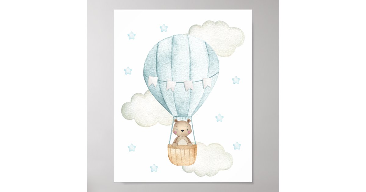 Blue Hot Air Balloon, Animals, Bear, Boy Nursery Poster | Zazzle