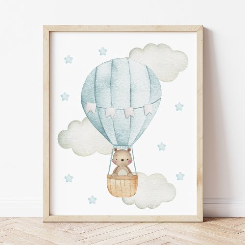 Blue Hot Air Balloon Animals Bear Boy Nursery Poster