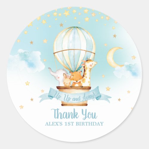 Blue Hot Air Balloon Animals Birthday Party Favors Classic Round Sticker