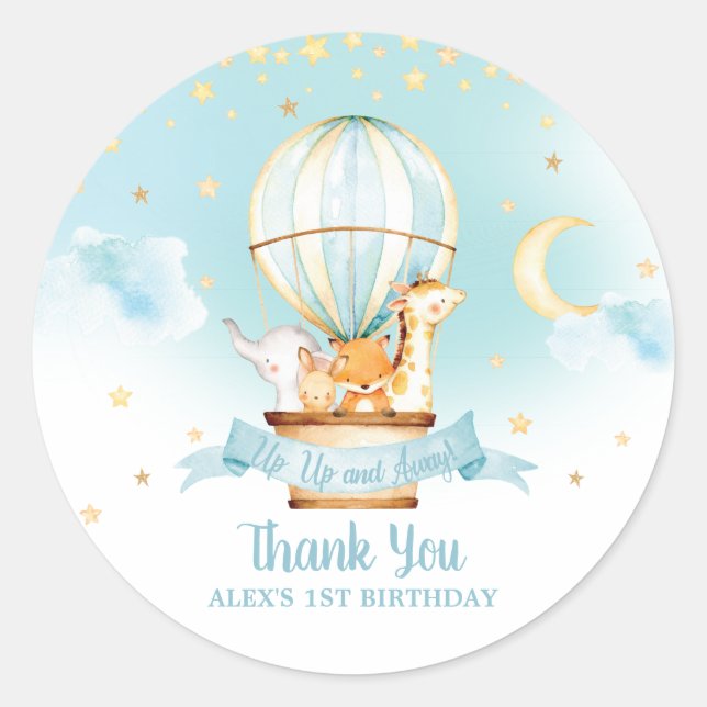 Blue Hot Air Balloon Animals Birthday Party Favors Classic Round Sticker (Front)
