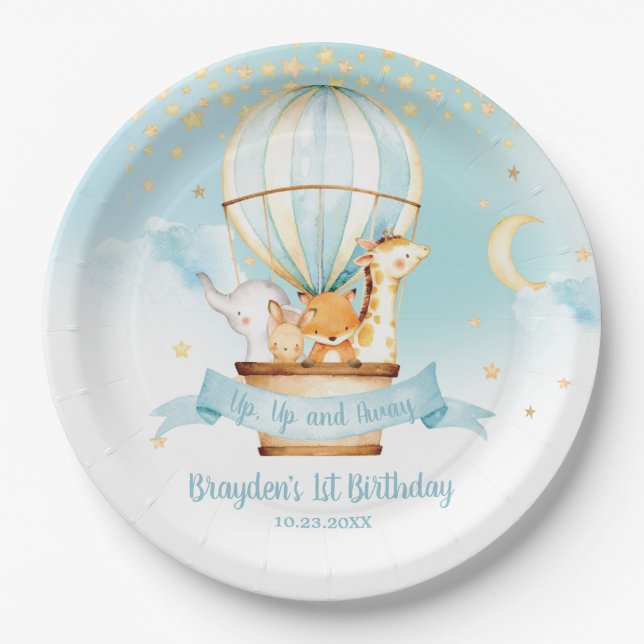 Blue Hot Air Balloon Animals Birthday Party  Paper Plates (Front)