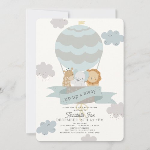 Blue Hot Air Balloon Animals Boy Baby Shower Invitation