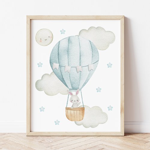 Blue Hot Air Balloon Animals Bunny Boy Nursery Photo Print