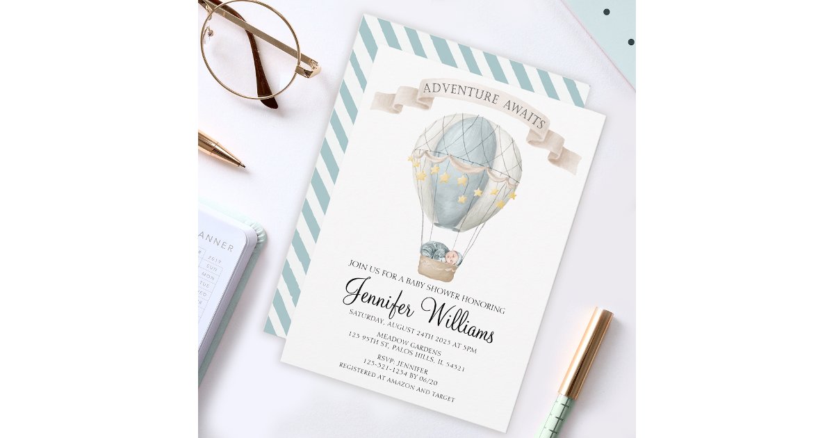 Blue hot air balloon baby boy shower Invitation | Zazzle