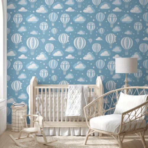 Blue Hot Air Balloon Baby Nursery Wallpaper