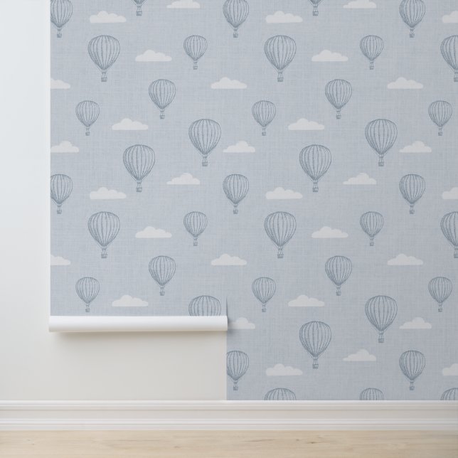 Blue Hot Air Balloon Baby Nursery Wallpaper (Application)