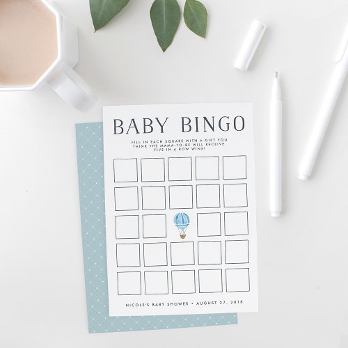 Blue Hot Air Balloon  Baby Shower Bingo Game Card