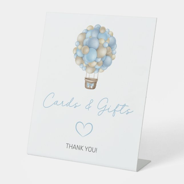 Blue Hot Air Balloon Baby Shower Cards and Gifts Pedestal Sign (Front)