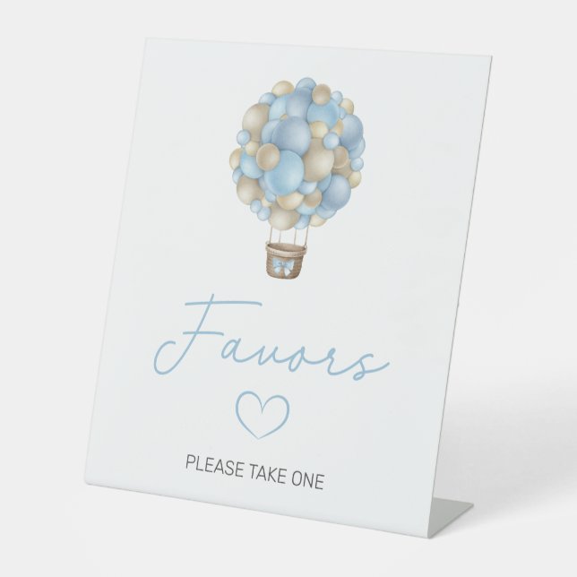 Blue Hot Air Balloon Baby Shower Favors Pedestal Sign (Front)