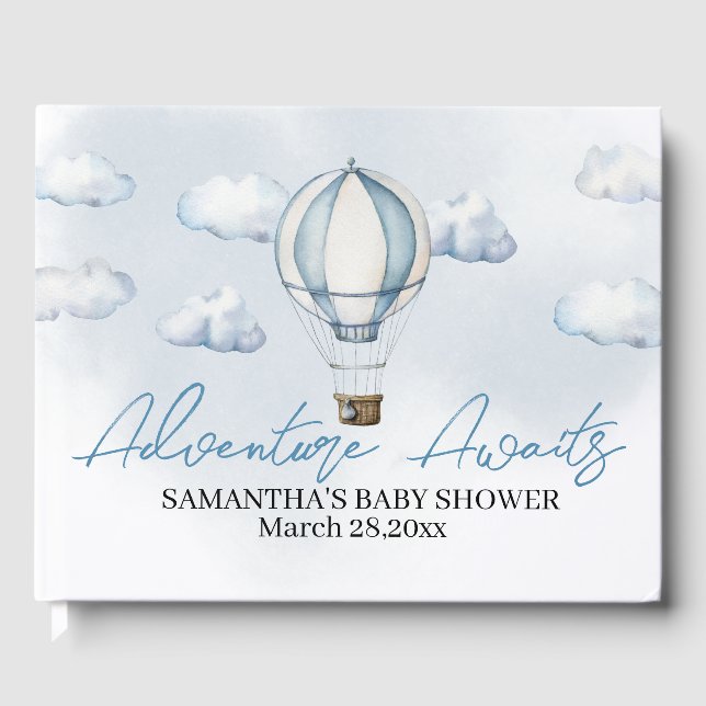 Blue Hot Air Balloon Baby Shower Guest Book (Front)