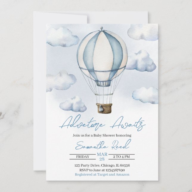 Blue Hot Air Balloon Baby Shower Invitation (Front)