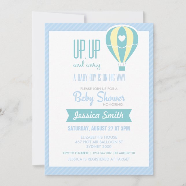 Blue Hot Air Balloon Baby Shower Invitation (Front)